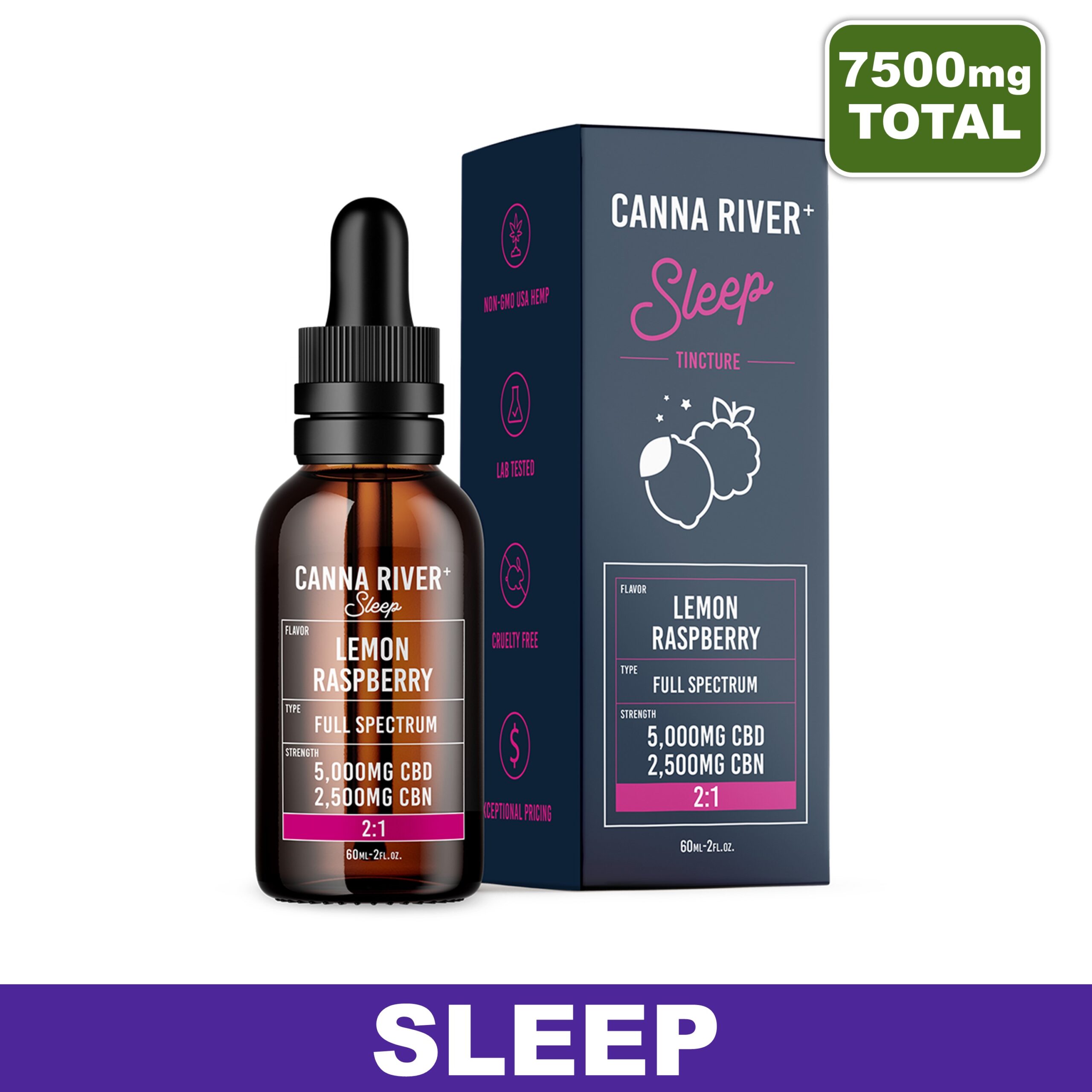 CannaRiver FSO Sleep Tincture - CBD + CBN - 7500mg - Lemon Raspberry