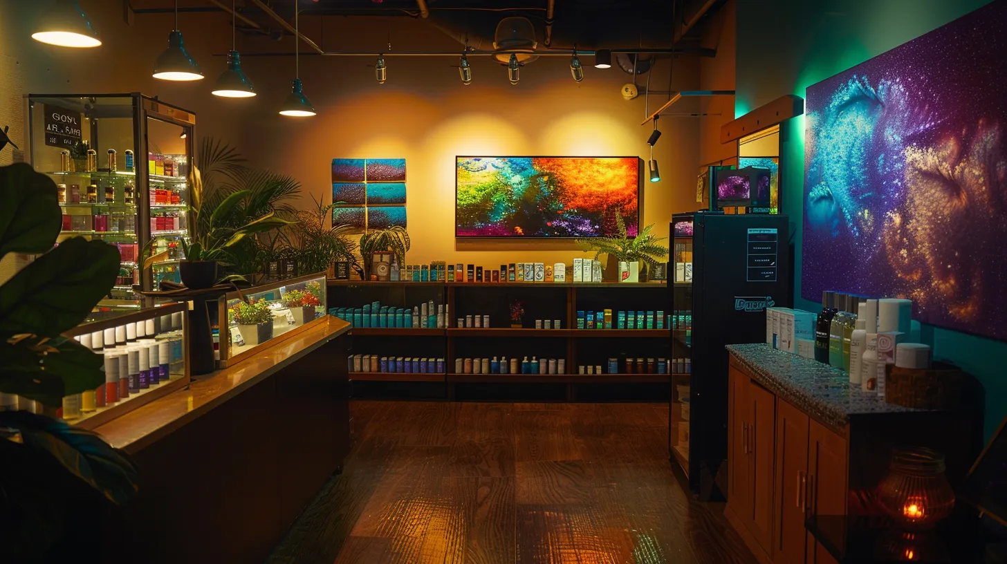 a serene, inviting vape shop showcases elegantly displayed cbd vape products with vibrant flavors and fresh, green terpenes, bathed in soft, ambient lighting that emphasizes a calming atmosphere for relaxation.