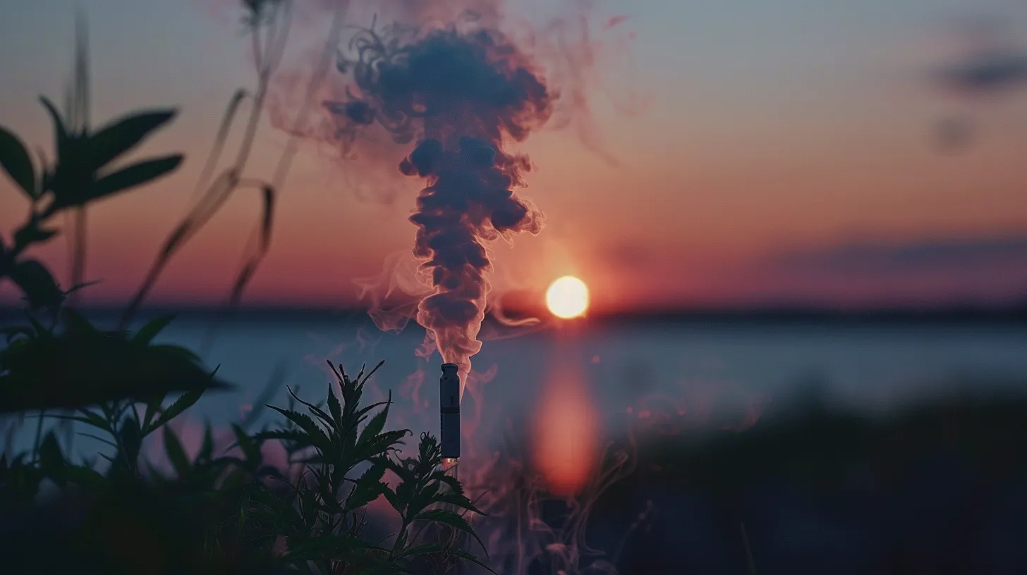 a serene setting featuring a calming vapor cloud rising gently against a tranquil sunset background, symbolizing stress relief and relaxation through the use of cbd vaping.